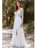 Long Sleeve Lace A-Line Wedding Dress with Slit for Outdoor Garden Ceremonies
