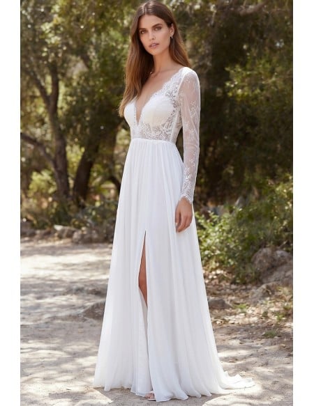 Long Sleeve Lace A-Line Wedding Dress with Slit for Outdoor Garden Ceremonies