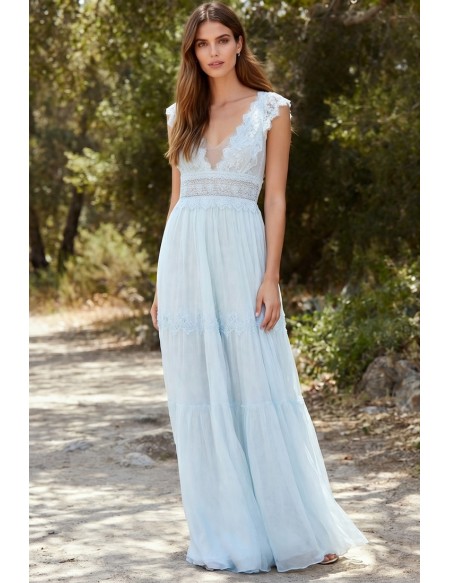 Boho Lace V-Neck Bridal Dress with Open Back for Outdoor Beach Weddings