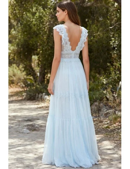 Boho Lace V-Neck Bridal Dress with Open Back for Outdoor Beach Weddings