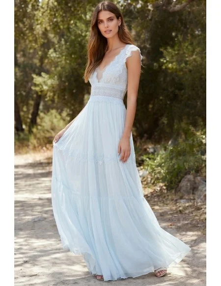 Boho Lace V-Neck Bridal Dress with Open Back for Outdoor Beach Weddings