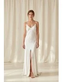 Minimalist Satin Slip Wedding Dress with Spaghetti Straps and Front Slit for Beach Brides