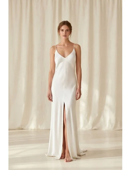 Minimalist Satin Slip Wedding Dress with Spaghetti Straps and Front Slit for Beach Brides