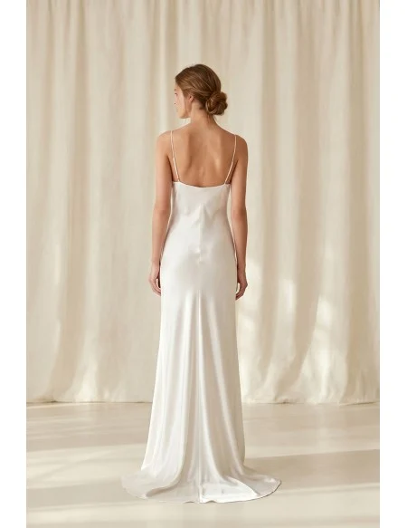 Minimalist Satin Slip Wedding Dress with Spaghetti Straps and Front Slit for Beach Brides