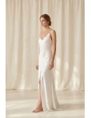 Minimalist Satin Slip Wedding Dress with Spaghetti Straps and Front Slit for Beach Brides