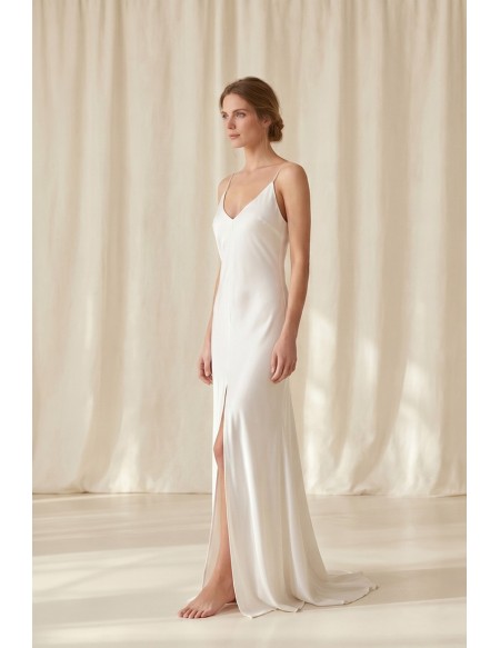 Minimalist Satin Slip Wedding Dress with Spaghetti Straps and Front Slit for Beach Brides