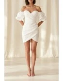 Off-Shoulder Puff Sleeve Mini Wedding Dress for Courthouse and Modern City Brides