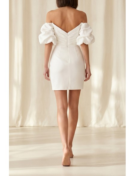 Off-Shoulder Puff Sleeve Mini Wedding Dress for Courthouse and Modern City Brides