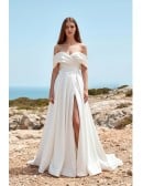 Off-Shoulder Satin Wedding Dress with Front Slit for Modern Beach Ceremonies