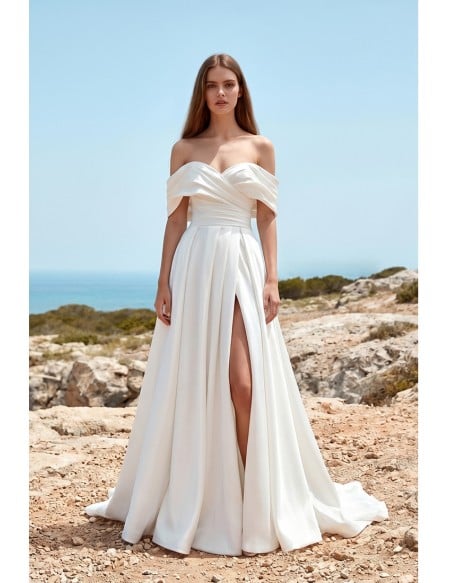 Off-Shoulder Satin Wedding Dress with Front Slit for Modern Beach Ceremonies