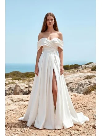 Off-Shoulder Satin Wedding Dress with Front Slit for Modern Beach Ceremonies