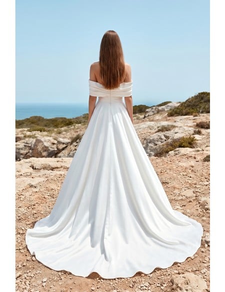 Off-Shoulder Satin Wedding Dress with Front Slit for Modern Beach Ceremonies