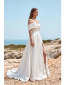 Off-Shoulder Satin Wedding Dress with Front Slit for Modern Beach Ceremonies