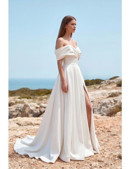 Off-Shoulder Satin Wedding Dress with Front Slit for Modern Beach Ceremonies
