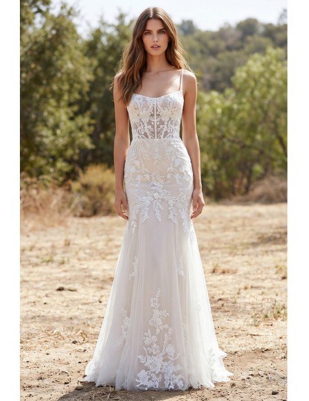Lace Mermaid Wedding Dress with Sheer Corset Bodice for Romantic Outdoor Ceremonies