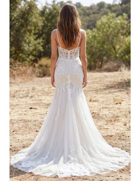 Lace Mermaid Wedding Dress with Sheer Corset Bodice for Romantic Outdoor Ceremonies