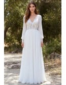 Boho Lace-Bodice Long Sleeve Wedding Dress with Open Back for Outdoor Ceremonies