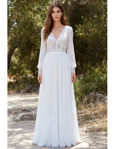 Boho Lace-Bodice Long Sleeve Wedding Dress with Open Back for Outdoor Ceremonies