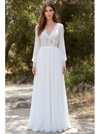 Boho Lace-Bodice Long Sleeve Wedding Dress with Open Back for Outdoor Ceremonies