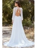 Boho Lace-Bodice Long Sleeve Wedding Dress with Open Back for Outdoor Ceremonies