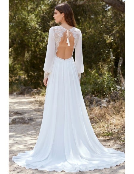 Boho Lace-Bodice Long Sleeve Wedding Dress with Open Back for Outdoor Ceremonies