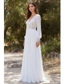 Boho Lace-Bodice Long Sleeve Wedding Dress with Open Back for Outdoor Ceremonies