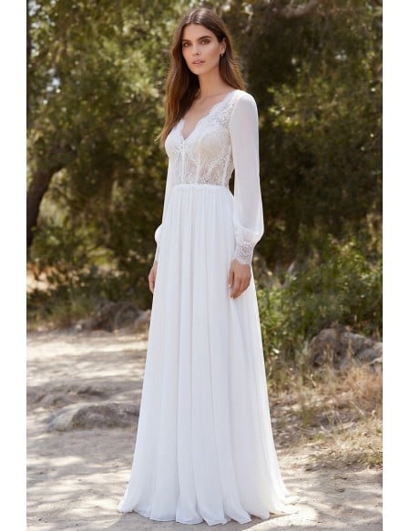 Boho Lace-Bodice Long Sleeve Wedding Dress with Open Back for Outdoor Ceremonies