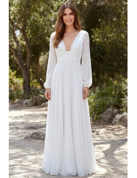 Romantic Long-Sleeve Chiffon Wedding Dress with Deep V-Neck for Outdoor Garden Ceremonies