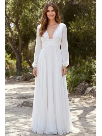 Romantic Long-Sleeve Chiffon Wedding Dress with Deep V-Neck for Outdoor Garden Ceremonies