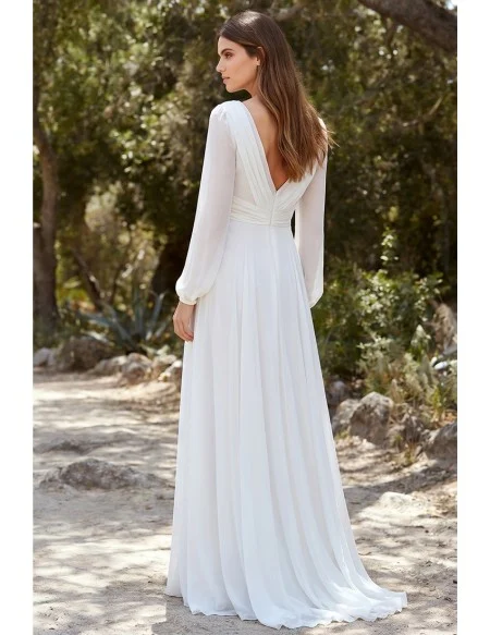 Romantic Long-Sleeve Chiffon Wedding Dress with Deep V-Neck for Outdoor Garden Ceremonies