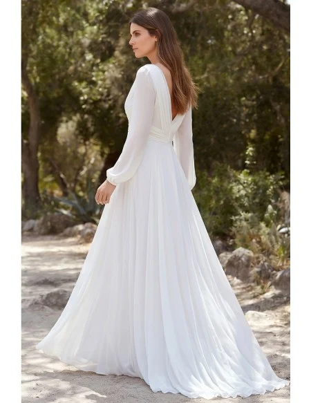 Romantic Long-Sleeve Chiffon Wedding Dress with Deep V-Neck for Outdoor Garden Ceremonies