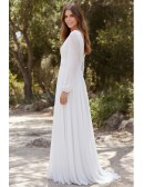 Romantic Long-Sleeve Chiffon Wedding Dress with Deep V-Neck for Outdoor Garden Ceremonies