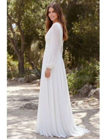 Romantic Long-Sleeve Chiffon Wedding Dress with Deep V-Neck for Outdoor Garden Ceremonies