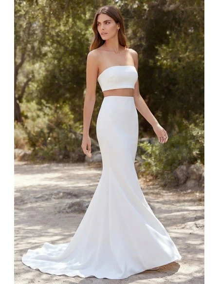 Minimalist Two-Piece Satin Wedding Dress with Strapless Crop Top for Modern Beach Brides