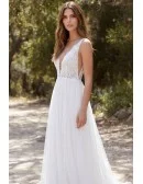 Boho Lace Deep-V Wedding Dress with Flowing Tulle Skirt for Outdoor Ceremonies