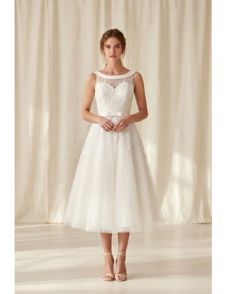 Tea-Length Lace Wedding Dress with Illusion Bodice for Courthouse Ceremonies