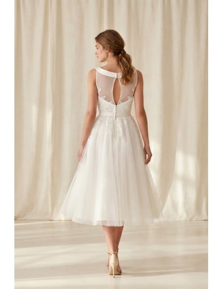 Tea-Length Lace Wedding Dress with Illusion Bodice for Courthouse Ceremonies