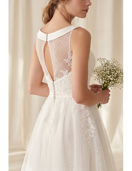 Tea-Length Lace Wedding Dress with Illusion Bodice for Courthouse Ceremonies