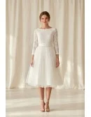Tea-Length Lace Sleeve Wedding Dress with Tulle Skirt for Courthouse Ceremonies
