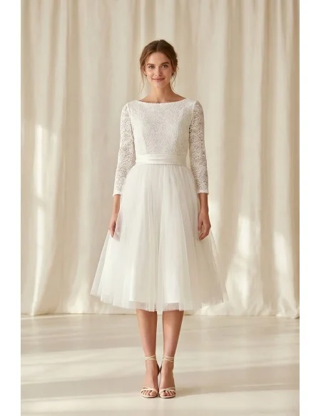 Tea-Length Lace Sleeve Wedding Dress with Tulle Skirt for Courthouse Ceremonies