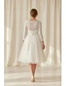 Tea-Length Lace Sleeve Wedding Dress with Tulle Skirt for Courthouse Ceremonies