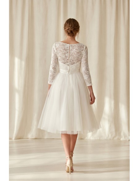 Tea-Length Lace Sleeve Wedding Dress with Tulle Skirt for Courthouse Ceremonies