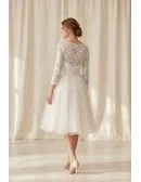 Tea-Length Lace Sleeve Wedding Dress with Tulle Skirt for Courthouse Ceremonies