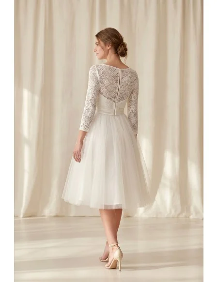 Tea-Length Lace Sleeve Wedding Dress with Tulle Skirt for Courthouse Ceremonies