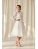 Tea-Length Lace Sleeve Wedding Dress with Tulle Skirt for Courthouse Ceremonies
