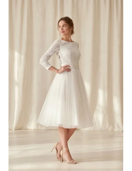 Tea-Length Lace Sleeve Wedding Dress with Tulle Skirt for Courthouse Ceremonies