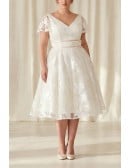 Tea-Length Lace A-Line Wedding Dress with Flutter Sleeves for a Romantic Courthouse Ceremony