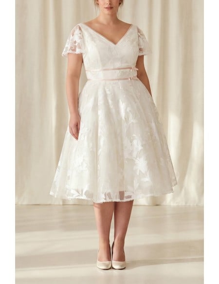 Tea-Length Lace A-Line Wedding Dress with Flutter Sleeves for a Romantic Courthouse Ceremony