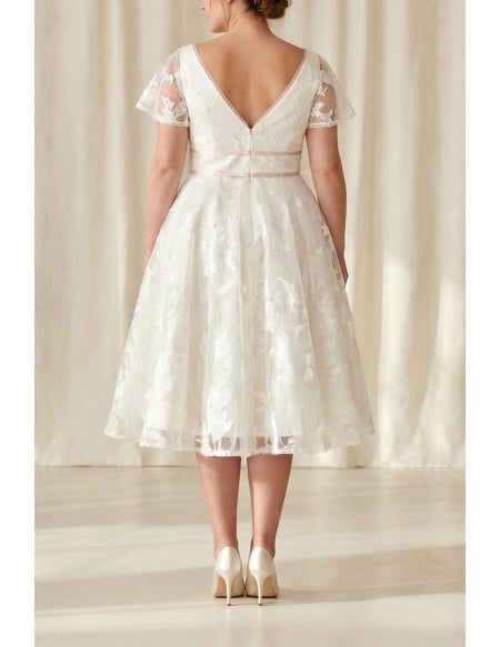 Tea-Length Lace A-Line Wedding Dress with Flutter Sleeves for a Romantic Courthouse Ceremony