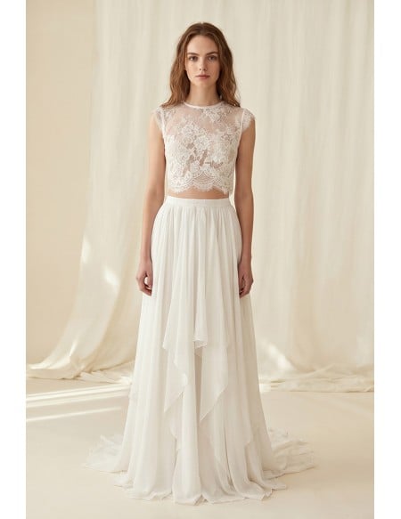 Boho Lace Two-Piece Wedding Dress with Flowing Chiffon Skirt for Beach Ceremonies